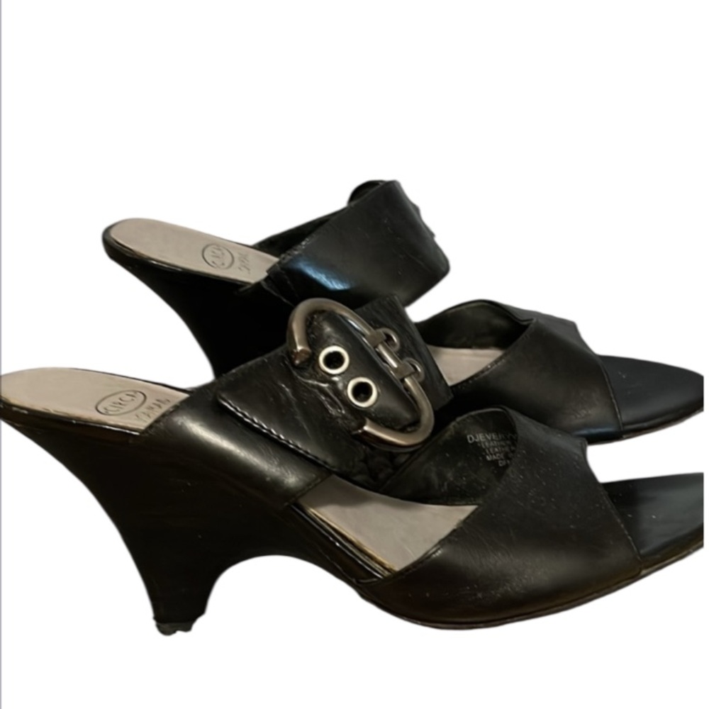 Joan & David Black Leather Mules with Buckle Detail